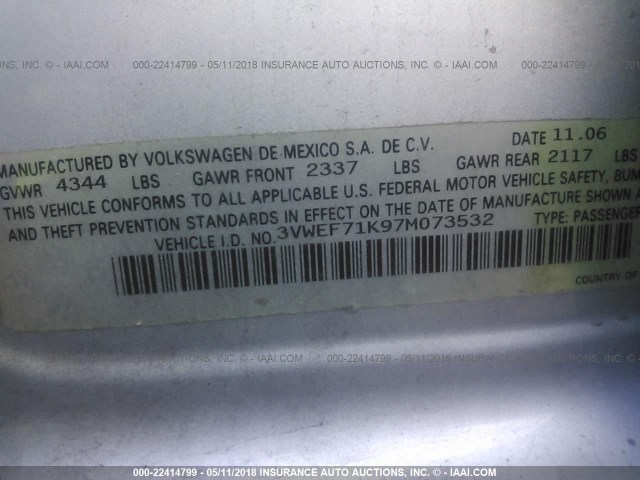 3VWEF71K97M073532 - 2007 VOLKSWAGEN JETTA WOLFSBURG 银色 照片 9