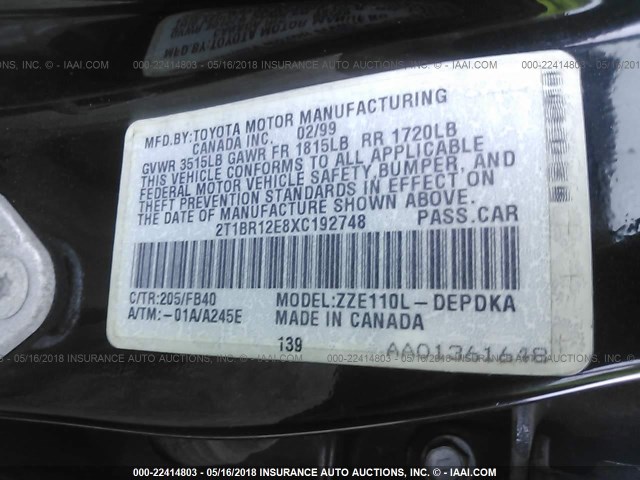 2T1BR12E8XC192748 - 1999 TOYOTA COROLLA VE/CE/LE 黑色 照片 9