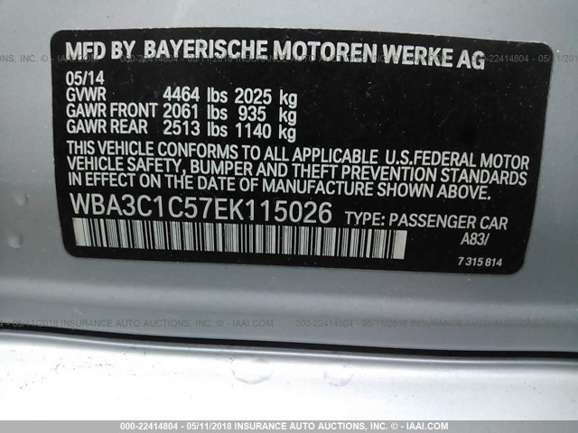 WBA3C1C57EK115026 - 2014 BMW 328 I SULEV SILVER photo 9