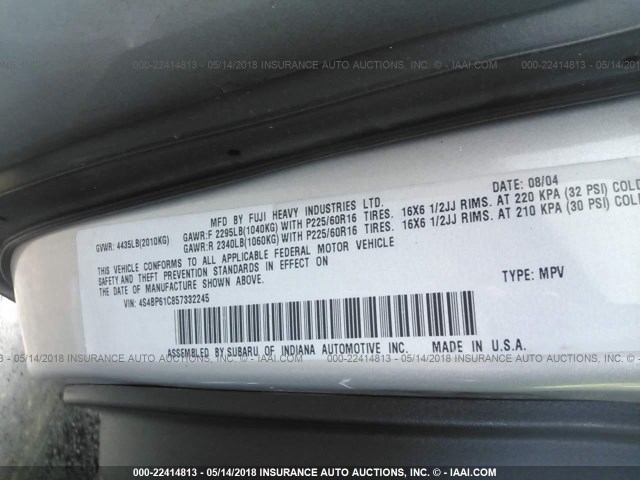 4S4BP61C857332245 - 2005 SUBARU LEGACY OUTBACK 2.5I SILVER photo 9