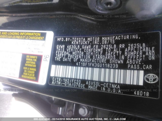 4T1BF1FK3GU118239 - 2016 TOYOTA CAMRY LE/XLE/SE/XSE BLUE photo 9