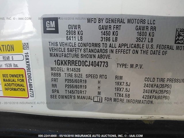 1GKKRRED0CJ404773 - 2012 GMC ACADIA SLT-1 WHITE photo 9