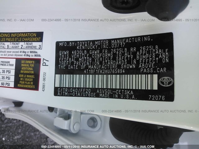 4T1BF1FK2HU765894 - 2017 TOYOTA CAMRY LE/XLE/SE/XSE WHITE photo 9