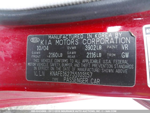 KNAFE162755103157 - 2005 KIA SPECTRA5 RED photo 9