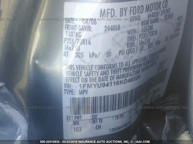 1FMYU94116KD46520 - 2006 FORD ESCAPE LIMITED GRAY photo 9