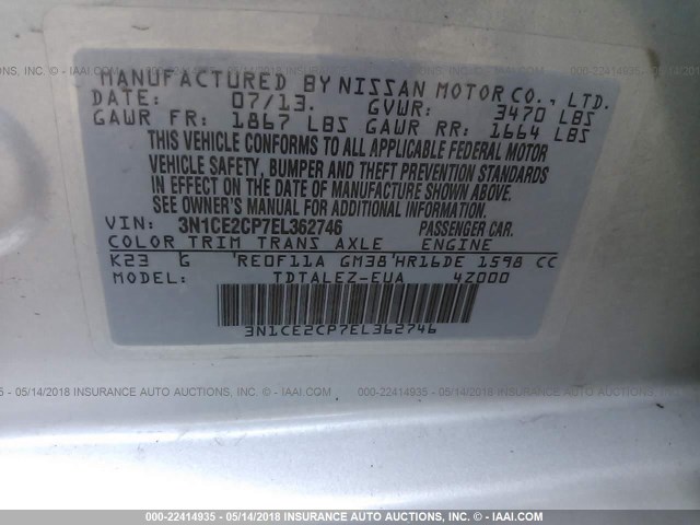 3N1CE2CP7EL362746 - 2014 NISSAN VERSA NOTE S/S PLUS/SV/SL SILVER photo 9