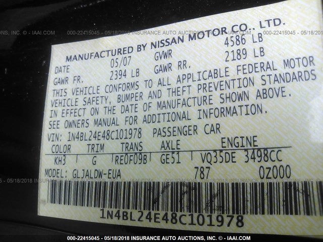 1N4BL24E48C101978 - 2008 NISSAN ALTIMA 3.5SE BLACK photo 9