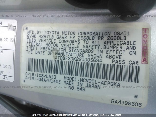 JTDBF30K220005634 - 2002 TOYOTA CAMRY LE/XLE/SE 银色 照片 9