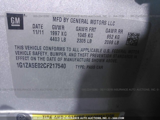 1G1ZA5E02CF217540 - 2012 CHEVROLET MALIBU LS 银色 照片 9