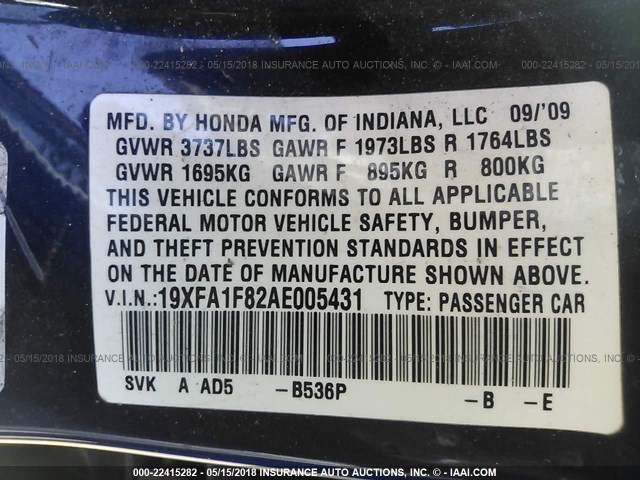 19XFA1F82AE005431 - 2010 HONDA CIVIC EX BLUE photo 9