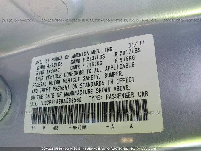 1HGCP2F65BA089580 - 2011 HONDA ACCORD SE 银色 照片 9