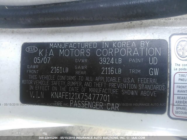 KNAFE121X75477701 - 2007 KIA SPECTRA EX/LX WHITE photo 9