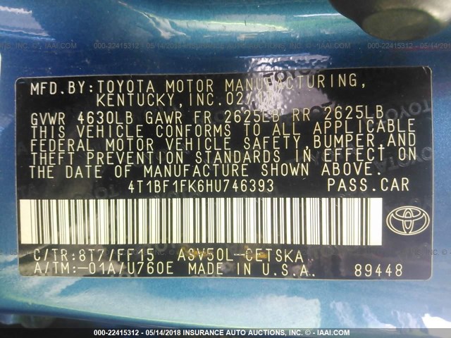 4T1BF1FK6HU746393 - 2017 TOYOTA CAMRY LE/XLE/SE/XSE BLUE photo 9