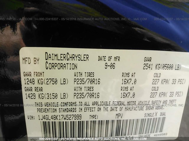 1J4GL48K17W527999 - 2007 JEEP LIBERTY SPORT 黑色 照片 9