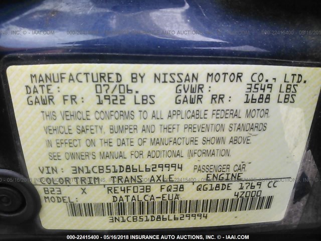 3N1CB51D86L629994 - 2006 NISSAN SENTRA 1.8/1.8S BLUE photo 9