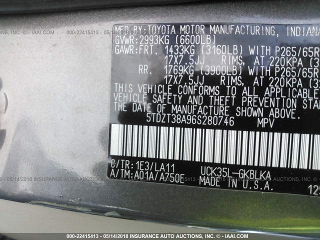 5TDZT38A96S280746 - 2006 TOYOTA SEQUOIA LIMITED GRAY photo 9