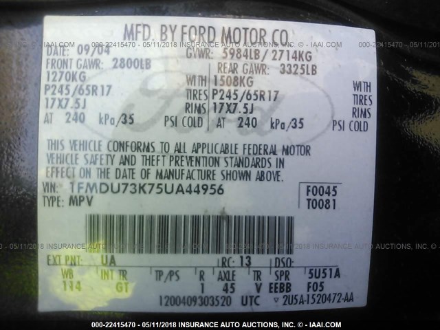 1FMDU73K75UA44956 - 2005 FORD EXPLORER XLT/XLT SPORT/NBX 黑色 照片 9