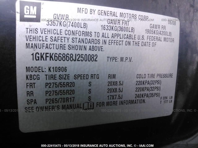 1GKFK66868J250082 - 2008 GMC YUKON XL DENALI BLACK photo 9