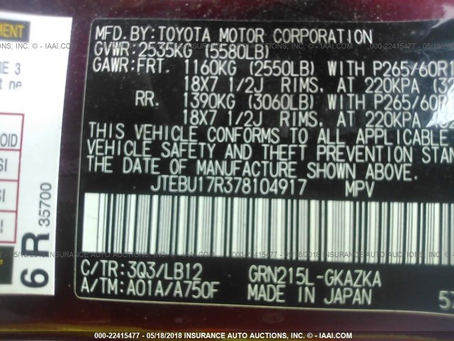 JTEBU17R378104917 - 2007 TOYOTA 4RUNNER LIMITED MAROON photo 9