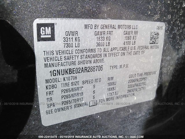 1GNUKBE02AR288706 - 2010 CHEVROLET TAHOE K1500 LT GRAY photo 9