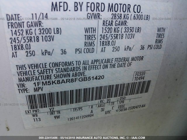 1FM5K8AR8FGB51420 - 2015 FORD EXPLORER POLICE INTERCEPTOR WHITE photo 9