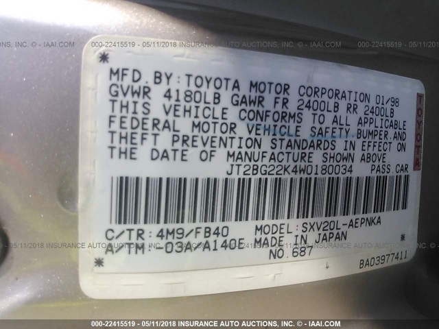 JT2BG22K4W0180034 - 1998 TOYOTA CAMRY CE/LE/XLE 金色 照片 9