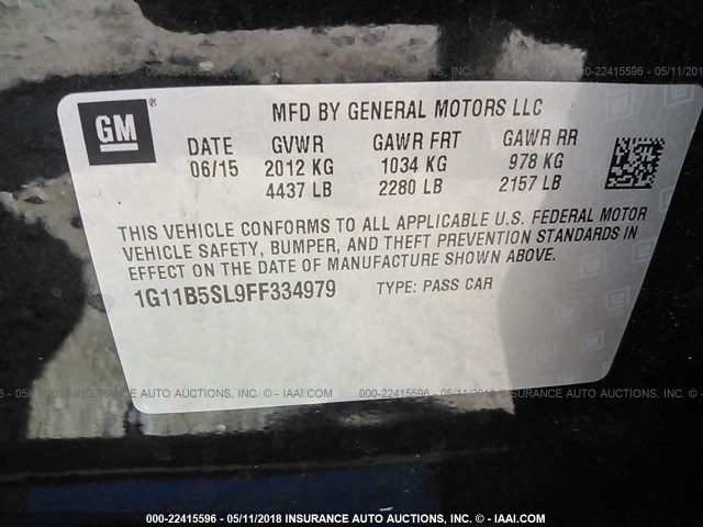 1G11B5SL9FF334979 - 2015 CHEVROLET MALIBU LS შავი ფოტო 9