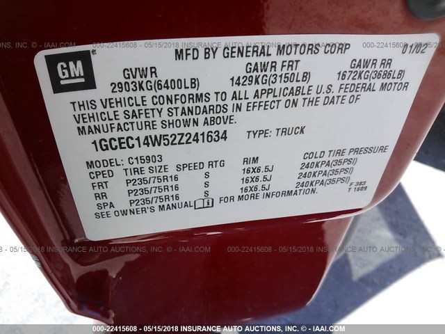 1GCEC14W52Z241634 - 2002 CHEVROLET SILVERADO C1500 RED photo 9