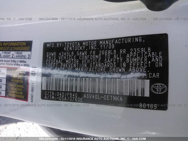 4T1BF3EK4AU561309 - 2010 TOYOTA CAMRY SE/LE/XLE WHITE photo 9