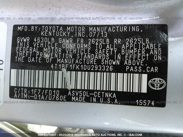 4T1BF1FK1DU293326 - 2013 TOYOTA CAMRY L/SE/LE/XLE SILVER photo 9