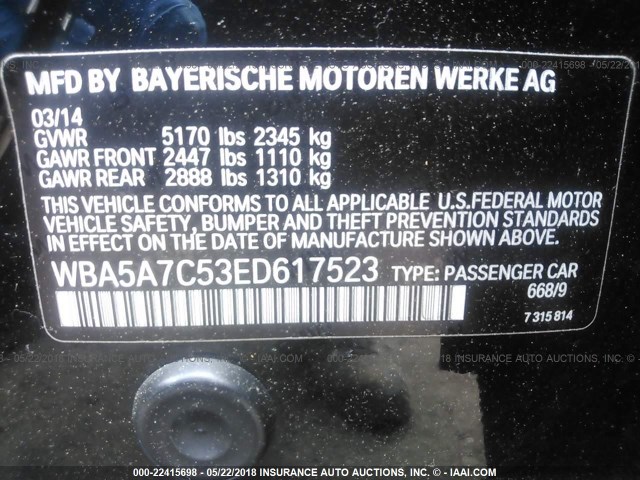 WBA5A7C53ED617523 - 2014 BMW 528 XI BLACK photo 9