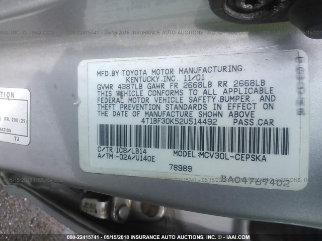 4T1BF30K52U514492 - 2002 TOYOTA CAMRY LE/XLE/SE SILVER photo 9
