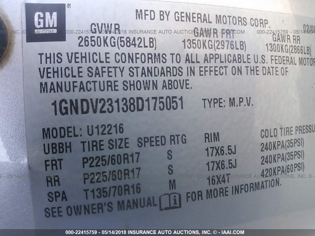 1GNDV23138D175051 - 2008 CHEVROLET UPLANDER LS SILVER photo 9