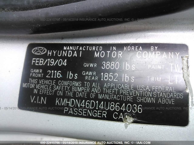 KMHDN46D14U864036 - 2004 HYUNDAI ELANTRA GLS/GT GRAY photo 9