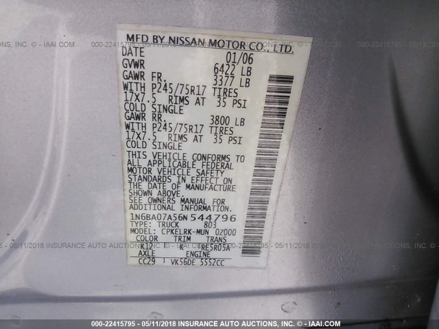 1N6BA07A56N544796 - 2006 NISSAN TITAN XE/SE/LE SILVER photo 9