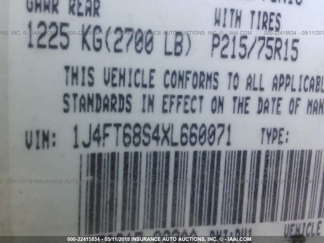 1J4FT68S4XL660071 - 1999 JEEP CHEROKEE SPORT/CLASSIC Biały zdjęcie 9