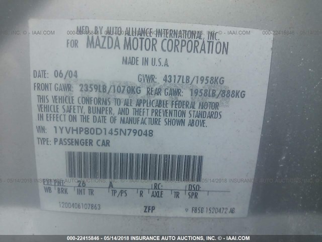 1YVHP80D145N79048 - 2004 MAZDA 6 S SILVER photo 9