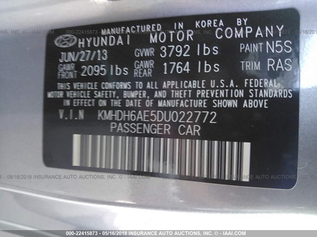 KMHDH6AE5DU022772 - 2013 HYUNDAI ELANTRA COUPE GS/SE GRAY photo 9