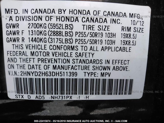 2HNYD2H63DH511399 - 2013 ACURA MDX ADVANCE BLACK photo 9