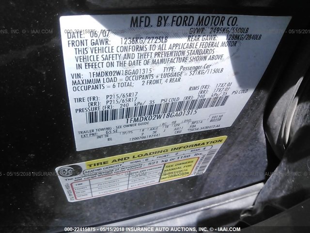 1FMDK02W18GA01315 - 2008 FORD TAURUS X SEL BLACK photo 9