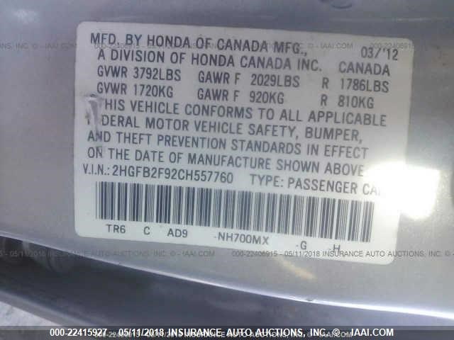 2HGFB2F92CH557760 - 2012 HONDA CIVIC EXL SILVER photo 9