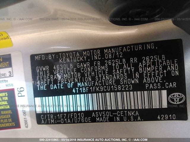 4T1BF1FK9CU158223 - 2012 TOYOTA CAMRY SE/LE/XLE ვერცხლისფერი ფოტო 9