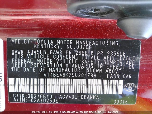 4T1BE46K79U281788 - 2009 TOYOTA CAMRY SE/LE/XLE Қызыл фото 9