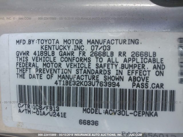 4T1BE32K03U763994 - 2003 TOYOTA CAMRY LE/XLE/SE SILVER photo 9