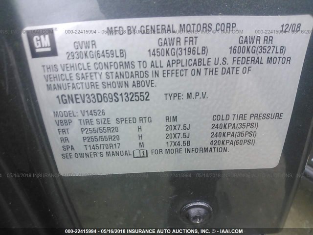 1GNEV33D69S132552 - 2009 CHEVROLET TRAVERSE LTZ GRAY photo 9