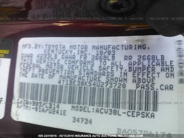 4T1BE30K54U273720 - 2004 TOYOTA CAMRY LE/XLE/SE 红色 照片 9