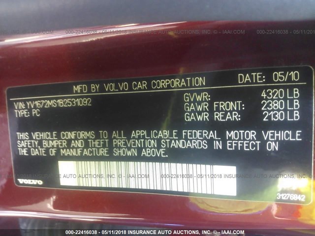 YV1672MS1B2531092 - 2011 VOLVO S40 T5 RED photo 9