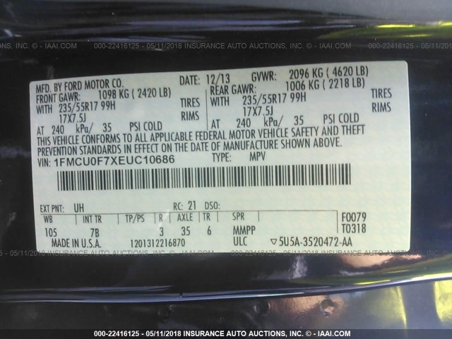 1FMCU0F7XEUC10686 - 2014 FORD ESCAPE S BLACK photo 9