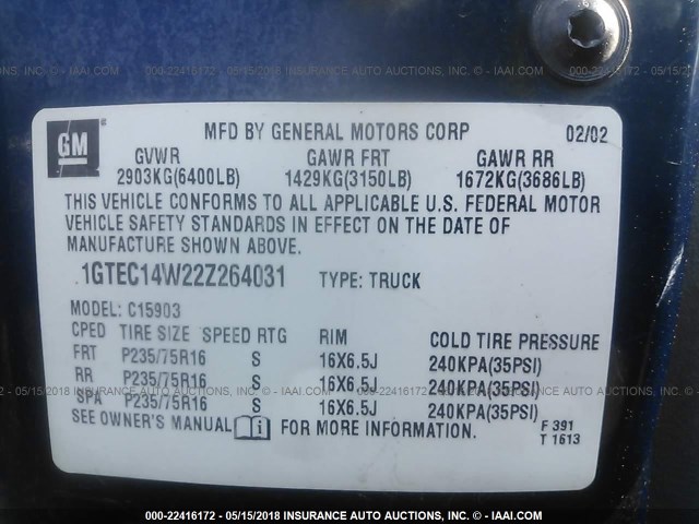 1GTEC14W22Z264031 - 2002 GMC NEW SIERRA C1500 BLUE photo 9