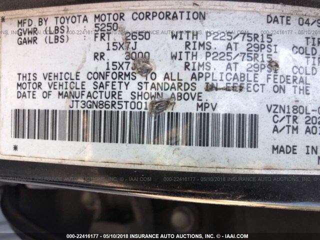 JT3GN86R5T0011377 - 1996 TOYOTA 4RUNNER SR5 BLACK photo 9